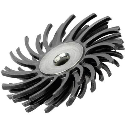 A round tool with flexible bristles arranged in a spiral configuration around a central metal sleeve. Suitable for surface cleaning.