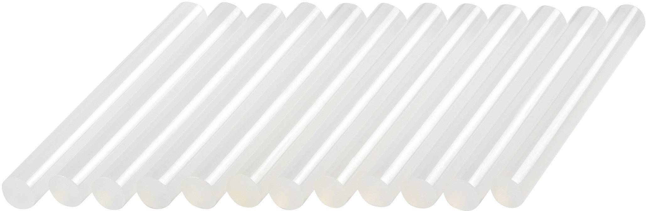 Several transparent hot glue cartridges arranged in a row.