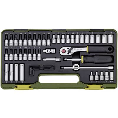 Tool case with various socket keys, bits and ratchet spanners in an orderly arrangement.