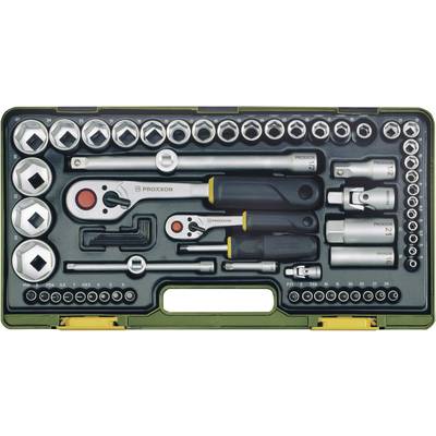 Case with comprehensive socket wrench set, containing ratchets, nuts and adapters of various sizes, ideal for mechanical work.