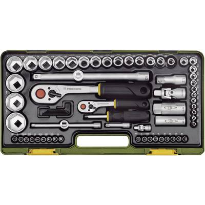A spanner set with various sockets, ratchets and extensions, neatly arranged in a green case.