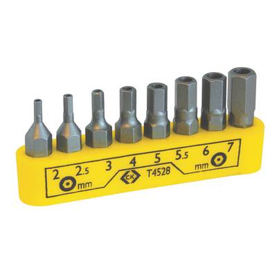 'Set of eight screwdriver bits in various sizes from 2 mm to 7 mm, on a yellow holder with size markings.'