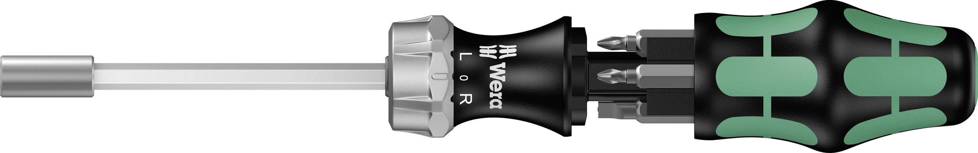 A screwdriver with a green and black handle and interchangeable blade. 'Wera' marking on the side. Tool for fastening screws.