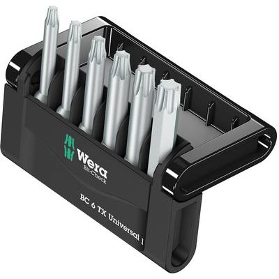 A set of six silver screwdriver bits in a black holder with the inscription 'Wera Bit-Check 6 TX Universal 1'.