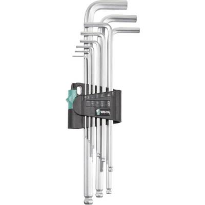 A set of silver Allen keys in different sizes in a black holder with a green logo.