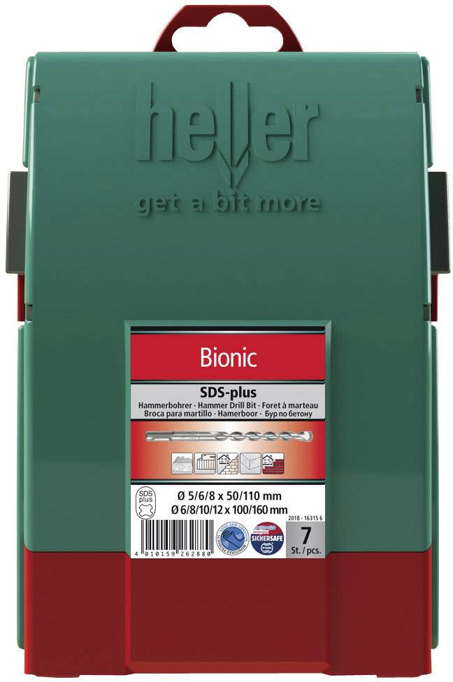 'Bionic SDS-plus': Green Heller Set with various hammer drills, inscription on red label, 7-piece set, sizes ranging from 5-10 mm.