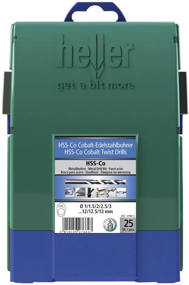 Drill Bit Set Box made of green and blue plastic with a label 'HSS-Co Cobalt Stainless Steel Drill Bits' and additional details about sizes and contents.