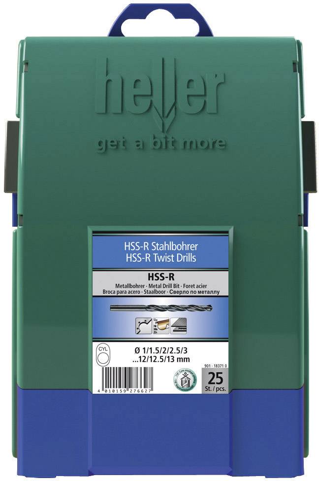 Green box with the inscription 'HSS-R Steel Drill Bit'. Contains 25 spiral drill bits of varying sizes, metal insert.