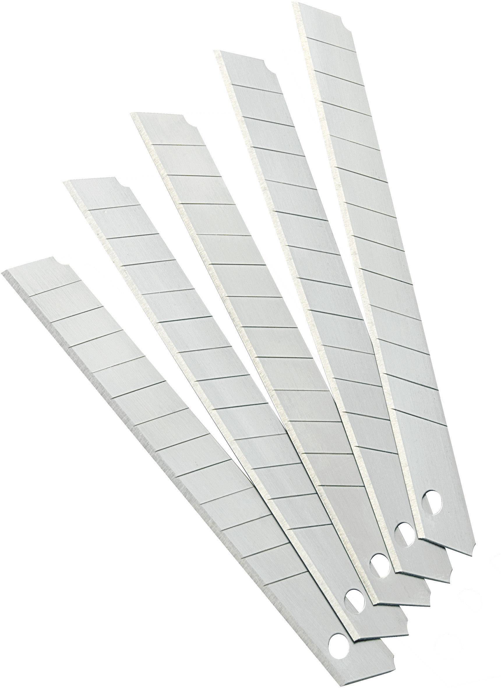 'Set of five replacement blades for a utility knife, stacked on top of each other, silver-coloured with sharp edges.'