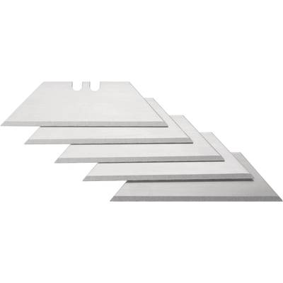 Five silver blades lie stacked diagonally on top of each other, displaying sharp and gleaming cutting edges.