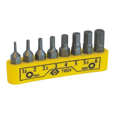 Bit set with eight different bit sizes, ranging from 1.5 mm to 6 mm, on a yellow holder.