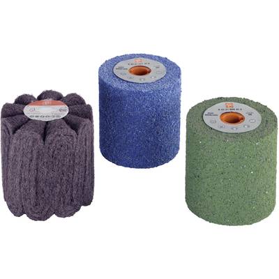 Three grinding rollers in different colours: a grey, wavy one; a blue, rough one; and a green one with a smooth surface.
