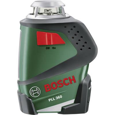 Green Bosch PLL 360 laser device with a red switch. Device for levelling and marked with 'On' and 'Off'.