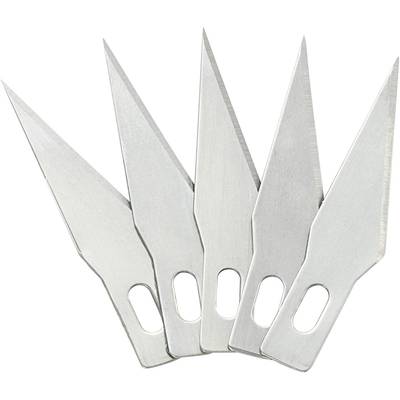Five silver replacement blades for a precision knife, placed side by side, with pointed ends and oval openings in the shaft.