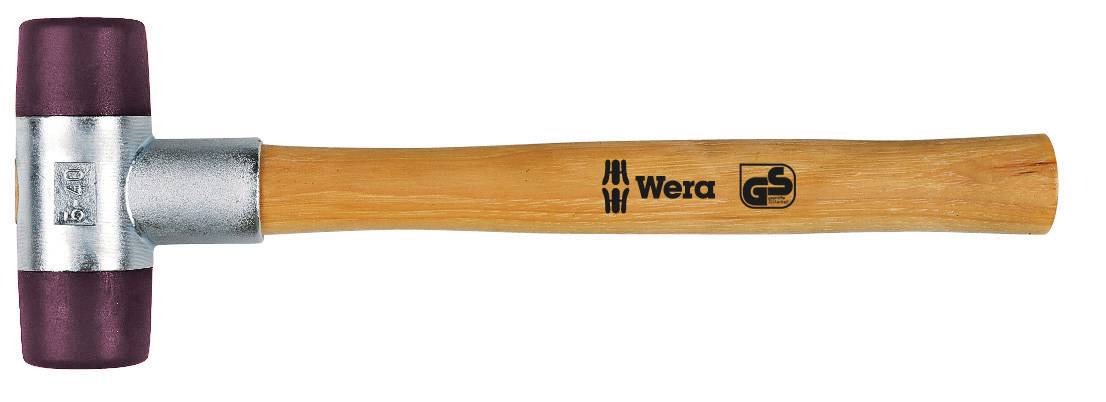 Rubber mallet with wooden handle and metal mounting, brand name 'Wera' and verification mark on the handle. Suitable for delicate work.
