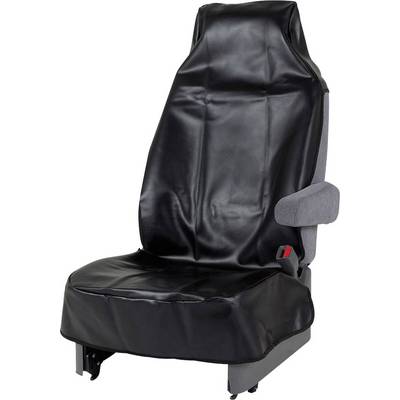A black leather car seat cover is draped over a car seat. The cover protects the seat from wear and dirt.
