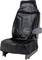 A black leather car seat cover is draped over a car seat. The cover protects the seat from wear and dirt.