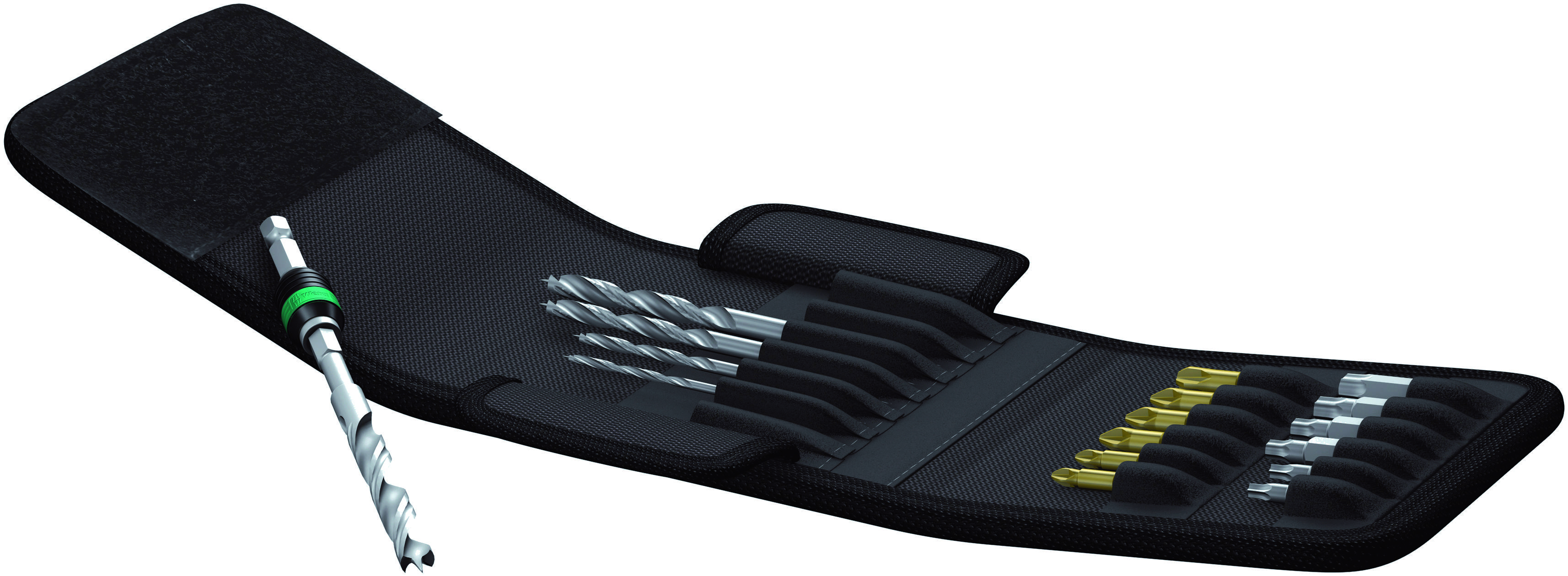 An open case with several drill bits and screwdriver bits, including a removed drill bit, flanked by gold-coloured bits.