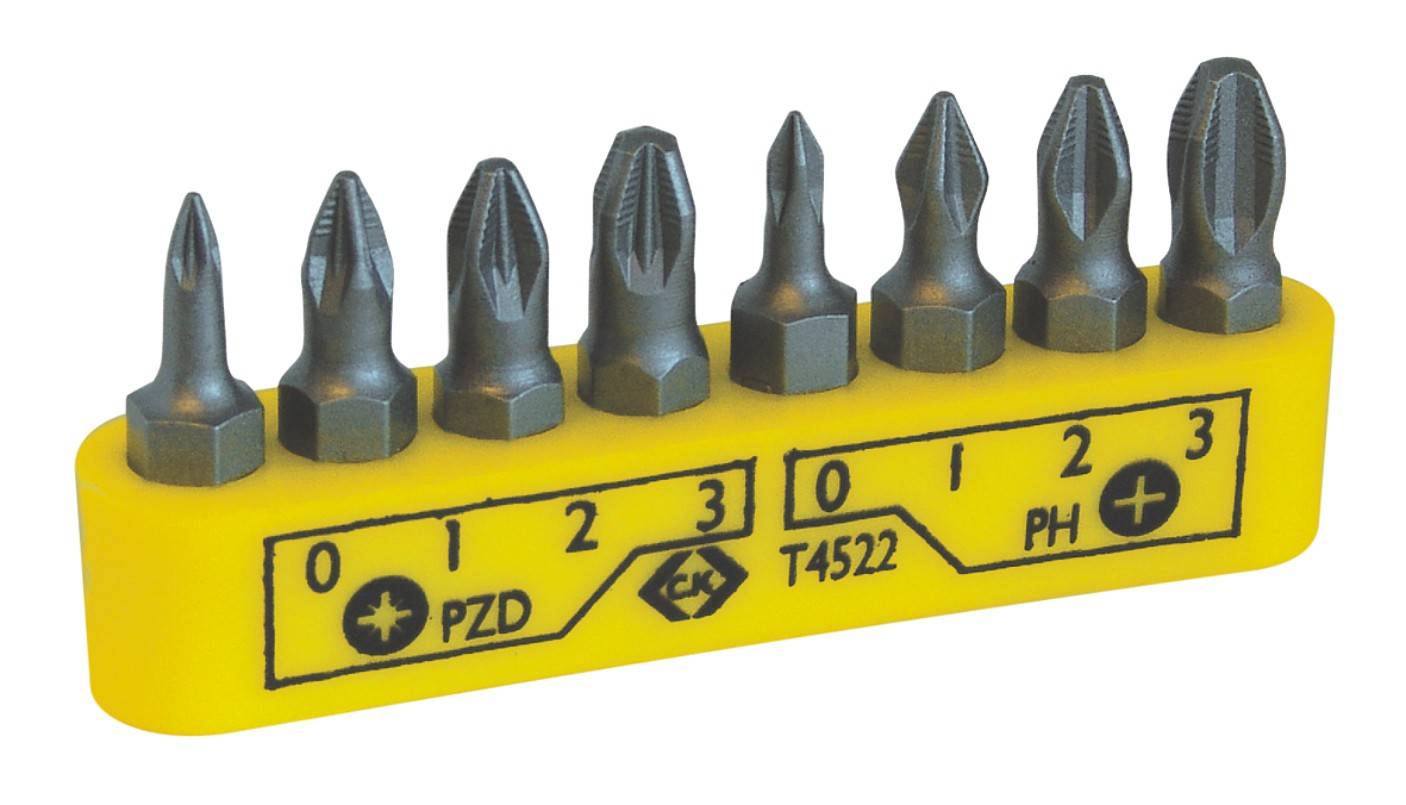 Yellow holder with eight screwdriver bits in various shapes and sizes, marked with types 'PZD' and 'PH'.