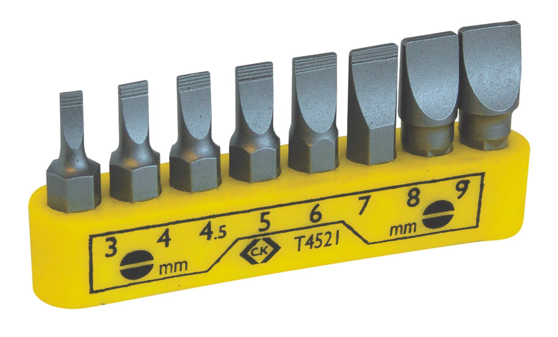 'Set of nine screwdriver bits in various sizes, arranged on a yellow holder, labelled with sizes from 3 to 9 mm.'