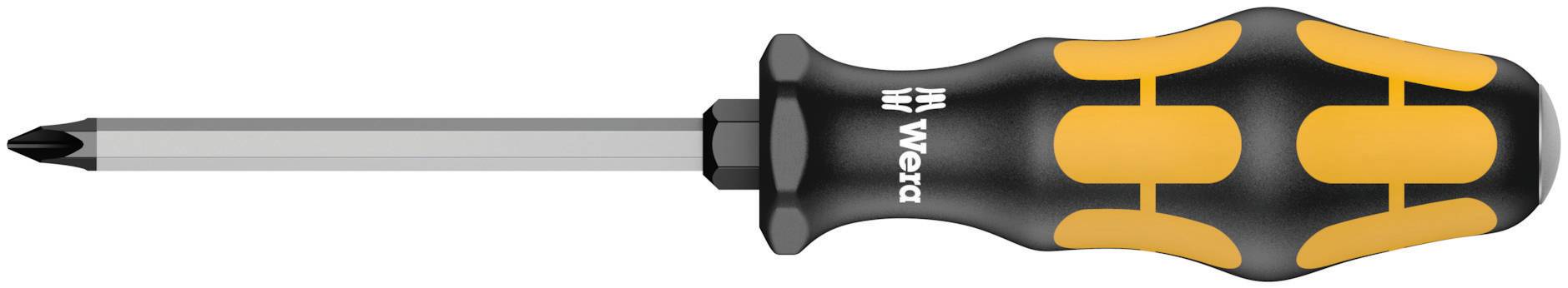 A cross-head screwdriver with an ergonomic yellow and black handle.