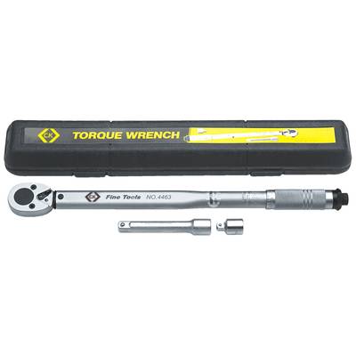 Torque wrench with black hard case. Text on wrench: 'Fine Tools NO. 4463'. Includes additional adapter attachments.