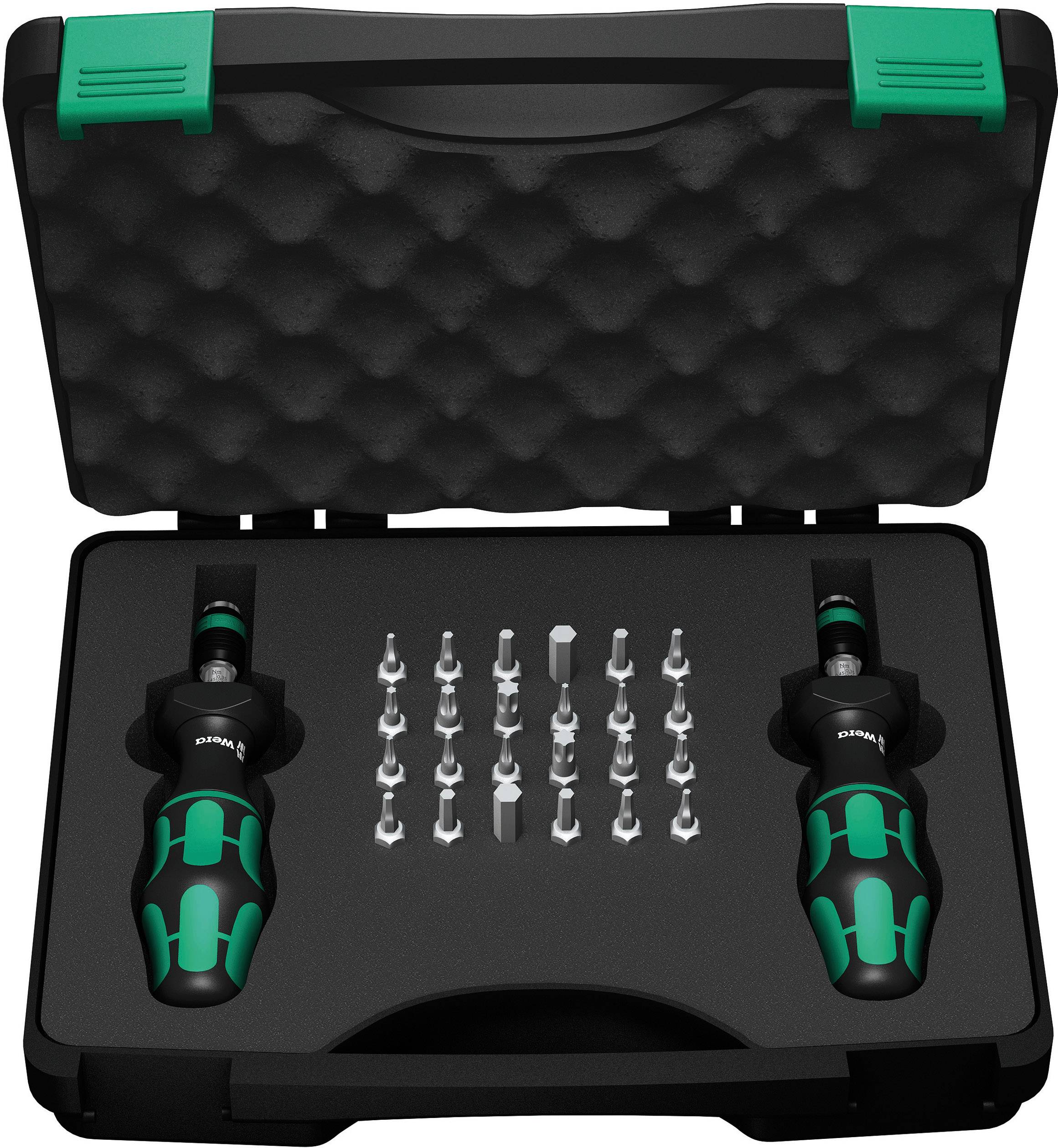 An open tool case displays two screwdriver handles and sixteen different bits.