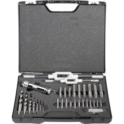 Drill set in a clear plastic case. Contains drills of various sizes, taps, and a screwdriver with bit attachments.