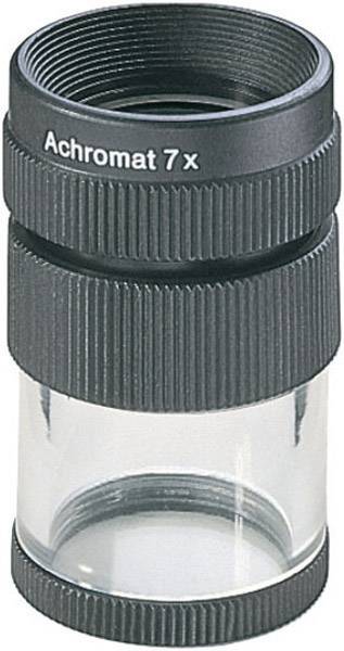 Magnifying glass with the inscription 'Achromat 7x', black, cylindrical shape, transparent casing in the middle.