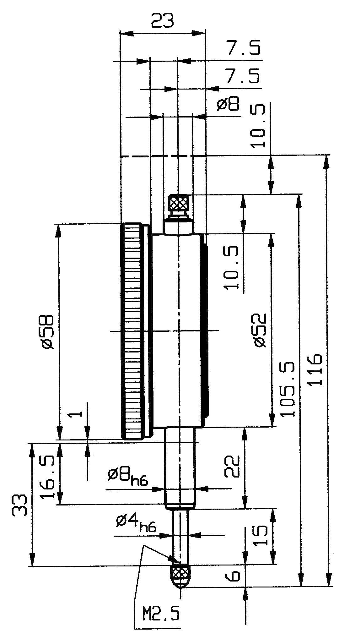 Technical drawing of a precision measuring instrument with dimensions in millimetres. Shows diameters and lengths of various components.