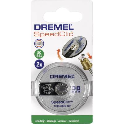 The packaging contains a Dremel SpeedClic grinding disc, 38 mm in diameter, with a quick-change system for efficient use.