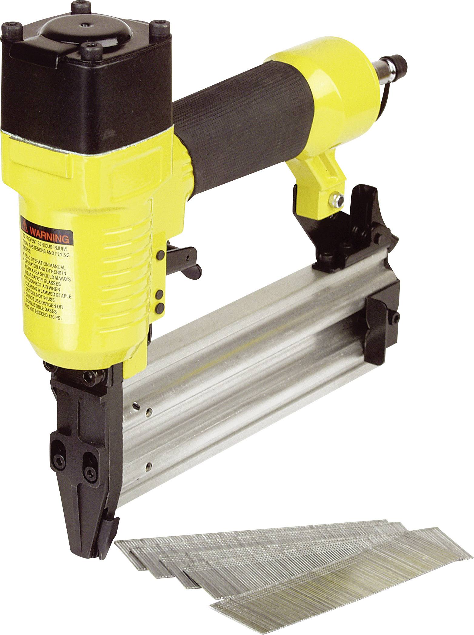 A yellow pneumatic nail gun is lying next to a stack of nails.