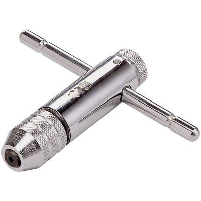 A silver-coloured hand tap with a T-handle, used for cutting threads in materials such as metal or plastic.