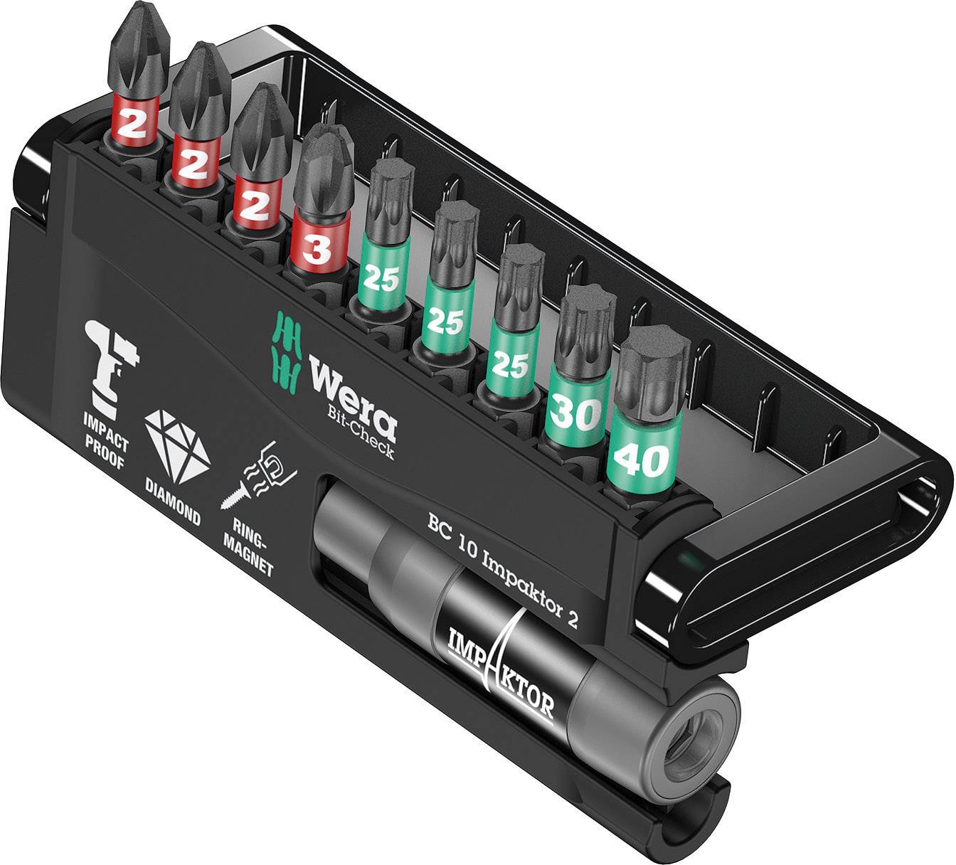 Wera bit set with various sizes. Contains red impact Torx bits and green Phillips bits on a black holder.