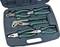 A tool case containing four different pliers: an adjustable wrench, combination pliers, side cutters, and wire strippers, all with green handles.