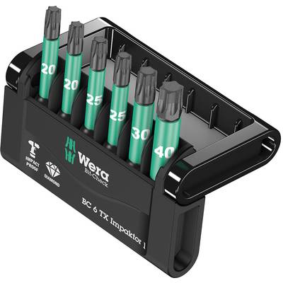 A Wera bit set shows six green Torx bits in sizes 20, 25, 30, 40. The holder is black and labelled with 'Impact Proof' and 'Diamond'.