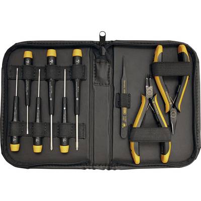 A tool set comprising seven screwdrivers, a pair of tweezers and a pair of pliers, all with black handles and yellow accents, stored in a bag.