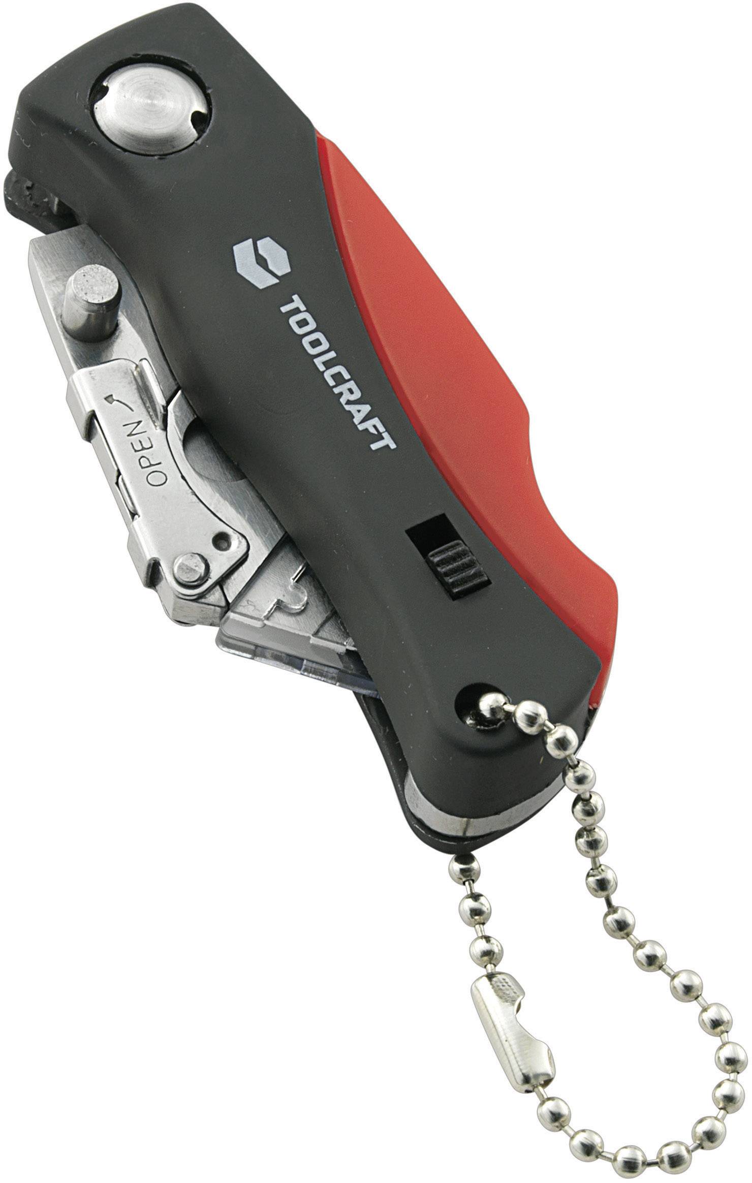 Pocket knife with plastic handle and chain pendant. Blade is black, foldable. Brand: TOOLCRAFT.