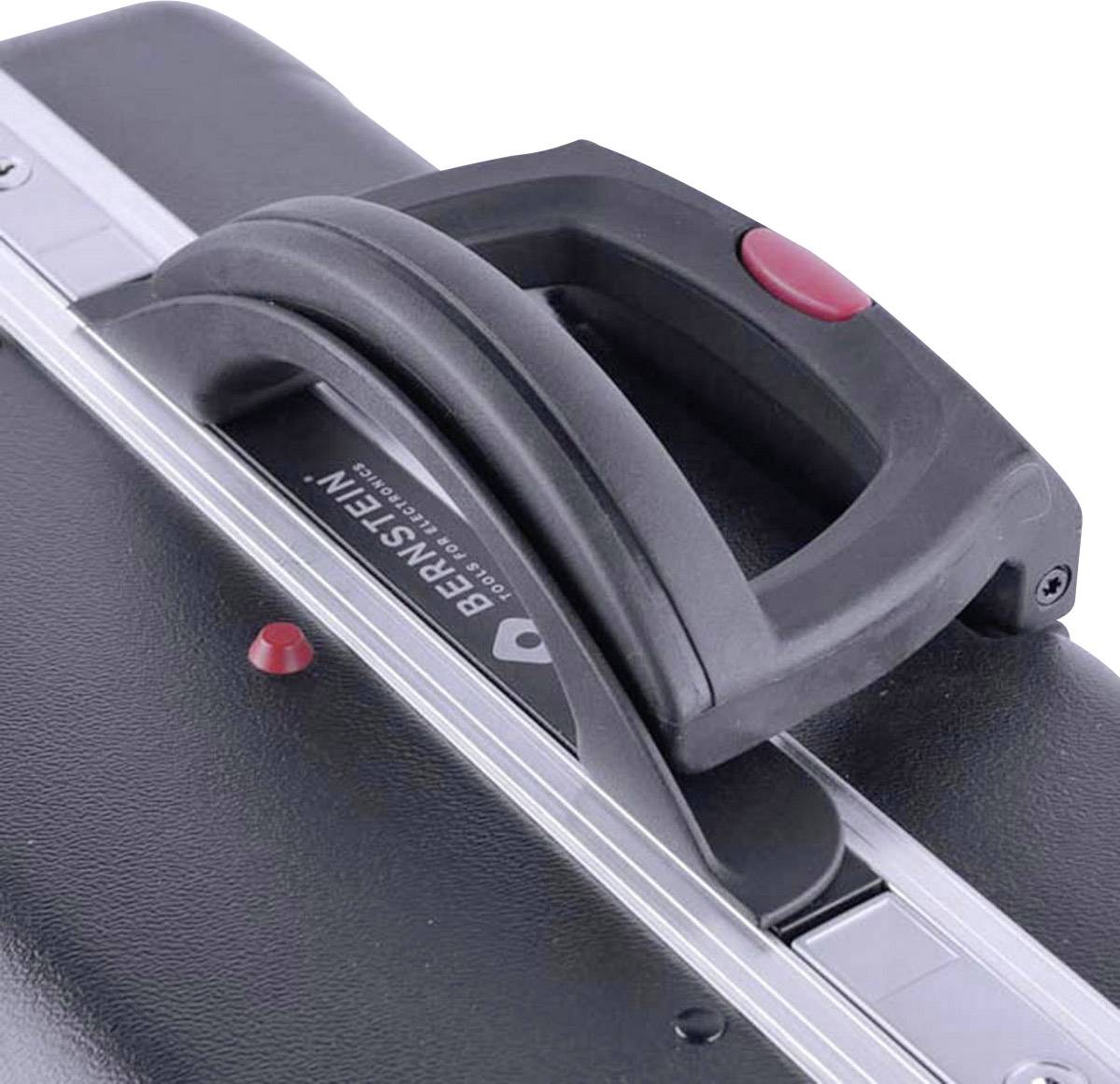 Black plastic handle on a sturdy tool case. A red button and the logo of a well-known company are visible.