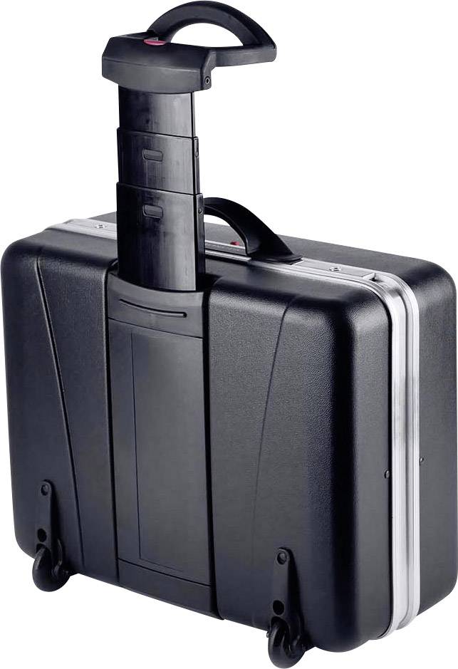 Black hard-shell suitcase with extendable handle and wheels, suitable for travel or business trips.