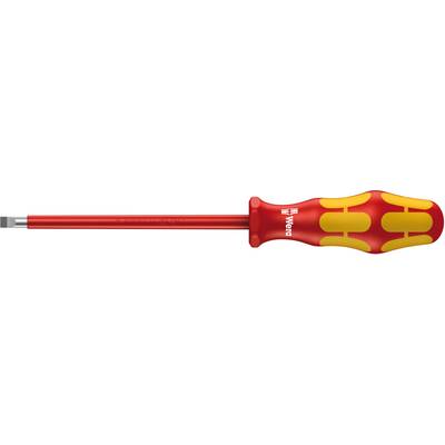 A red screwdriver with an ergonomic yellow-red handle lies horizontally.