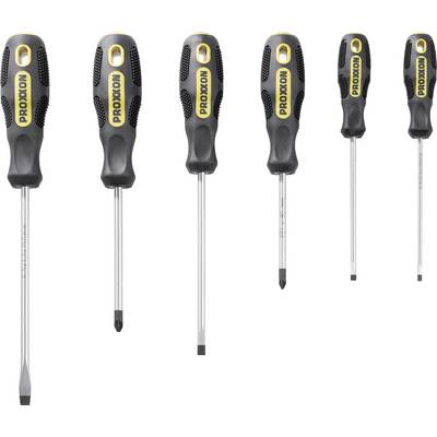 A set of six screwdrivers in different sizes and shapes, each with a black handle and the 'Proxxon' logo.