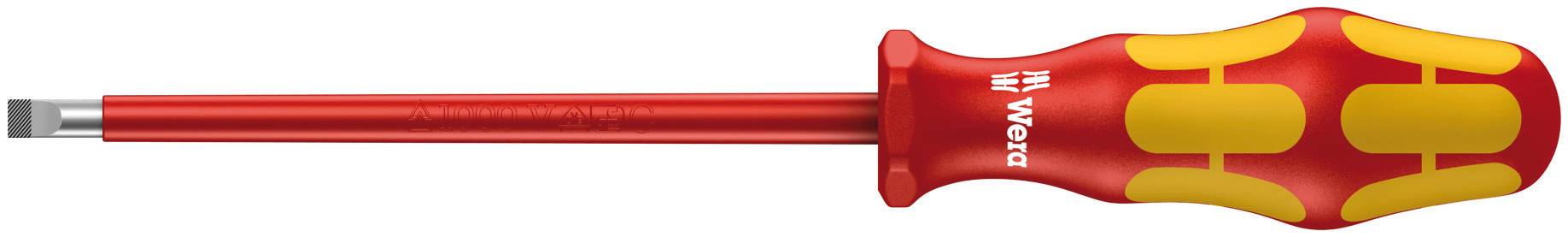 Screwdriver with a red and yellow handle and a flat metal head, suitable for screw-related tasks.