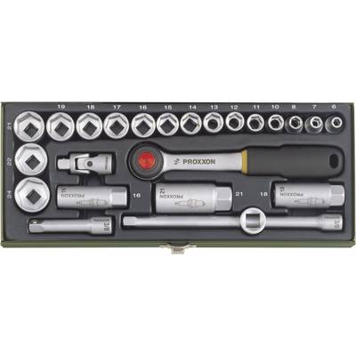 A socket set with various socket sizes, a torque ratchet spanner, extension bars and adapters, all contained in a neat storage box.