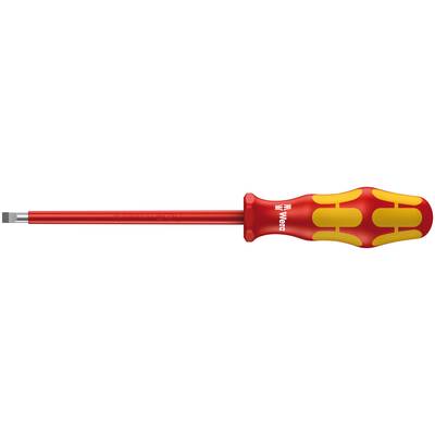 A screwdriver with a red and yellow ergonomic handle and a flat metal blade.