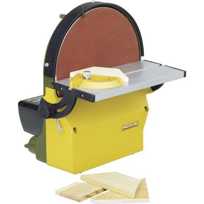 Disc sander with angle adjustment, suitable for woodworking. Three pieces of wood in different geometries in the foreground.
