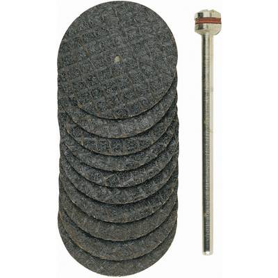 'Eight round grinding discs next to a metal holder.'