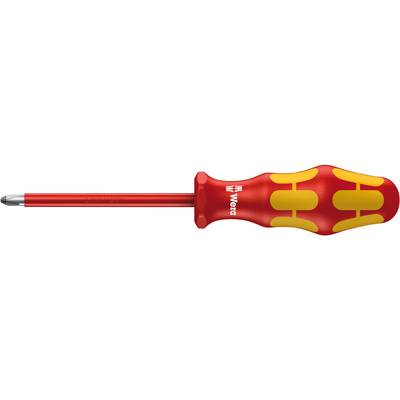 A red screwdriver with yellow details and an ergonomic handle, suitable for cross-head screws.