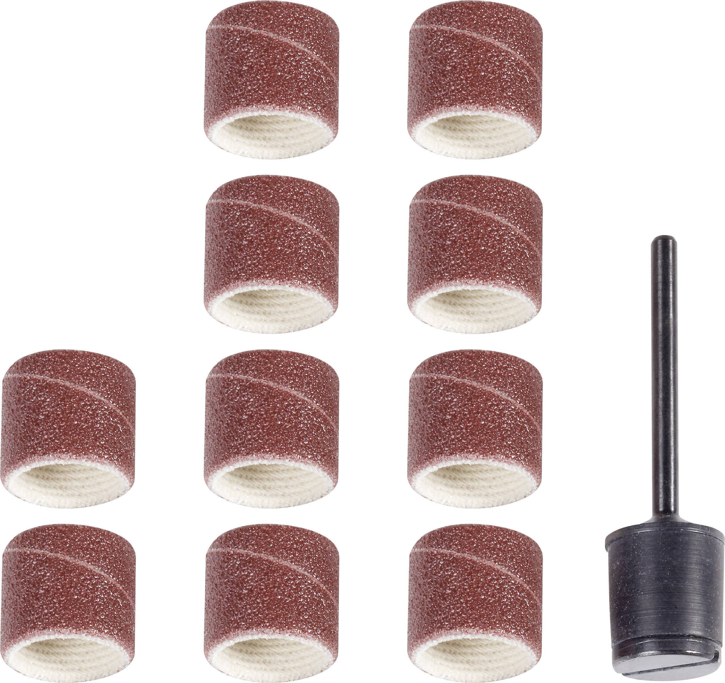 Image shows ten sanding belts and a holder. Sanding belts are rust-brown, cylindrical. Holder is black, for mounting the belts.