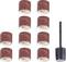 Image shows ten sanding belts and a holder. Sanding belts are rust-brown, cylindrical. Holder is black, for mounting the belts.